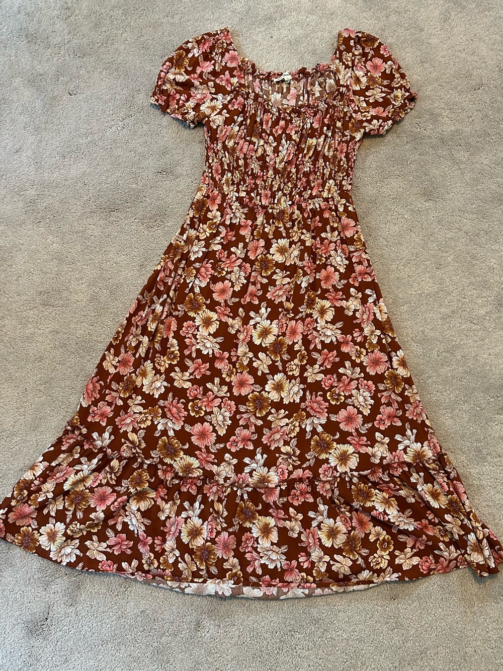 Iris Bloom Brown Pink Floral Puff Sleeve Midi Dress bohemian cottage country L